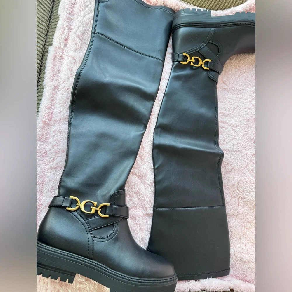 NWOT Guess Jellio Black Over-the-Knee Boots with Gold Accent